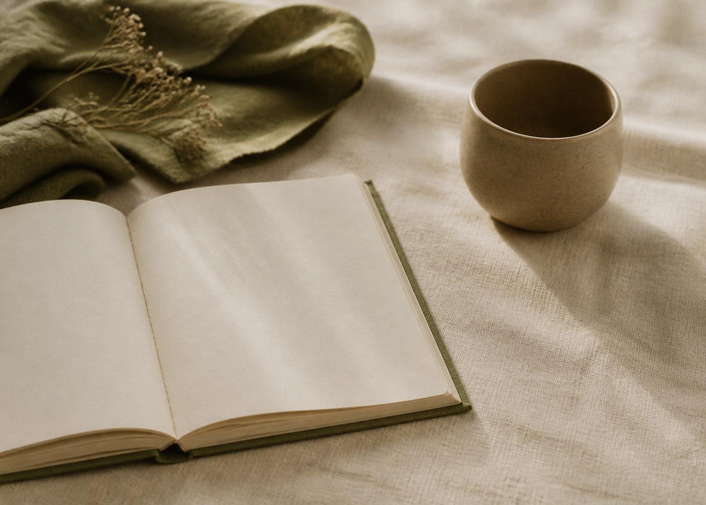 An open notebook and a ceramic cup on linen in soft daylight